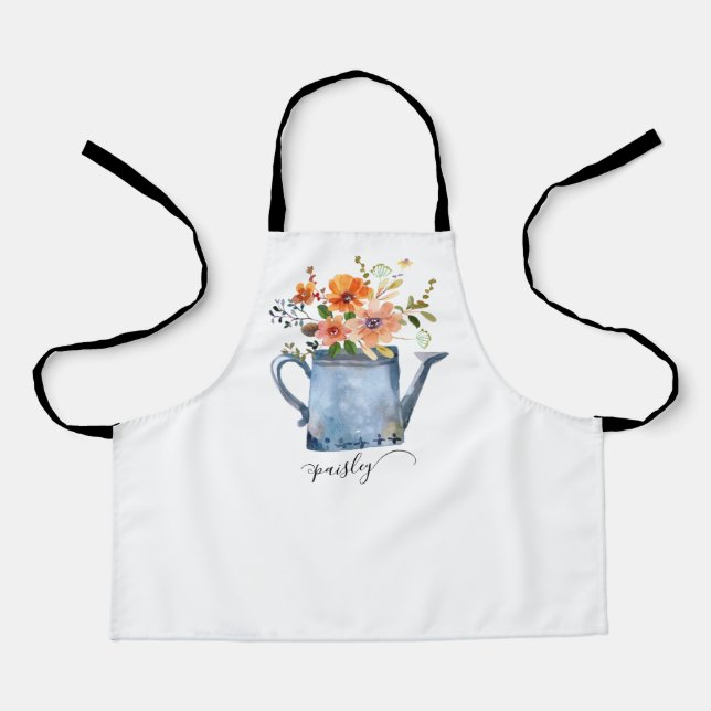 Boho Rust Orange Watercolor Flowers Watering Can Apron (Front)
