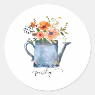 Boho Rust Orange Watercolor Flowers Watering Can Classic Round Sticker