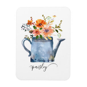 Boho Rust Orange Watercolor Flowers Watering Can Magnet