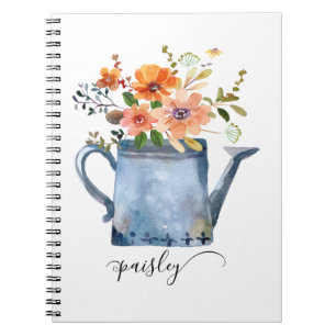 Boho Rust Orange Watercolor Flowers Watering Can Notebook