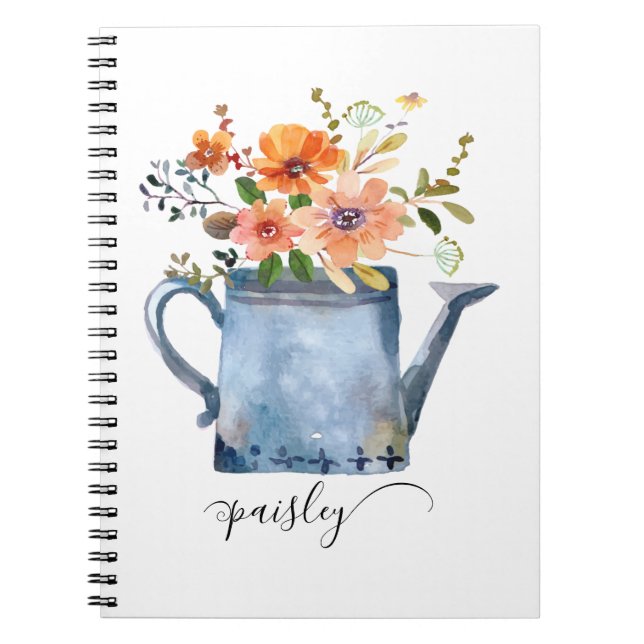 Boho Rust Orange Watercolor Flowers Watering Can Notebook (Front)