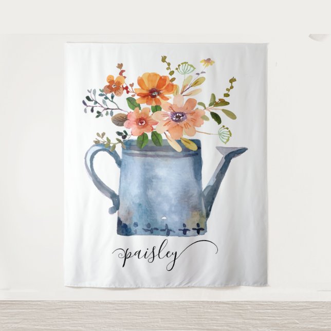 Boho Rust Orange Watercolor Flowers Watering Can Tapestry (Front)