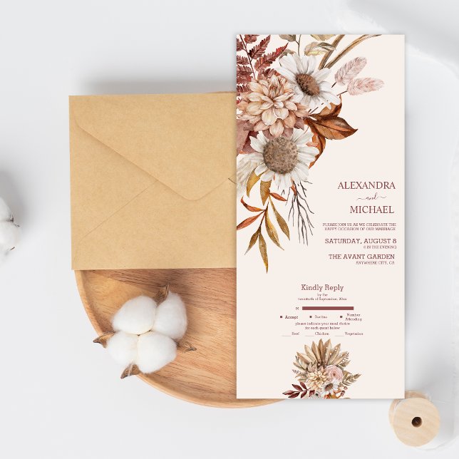Boho Rust Terracotta Dried Fan Flowers Wedding All In One Invitation (Creator Uploaded)