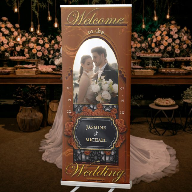 Boho Rust Terracotta Gold Wedding Photo Welcome  Retractable Banner (Creator Uploaded)