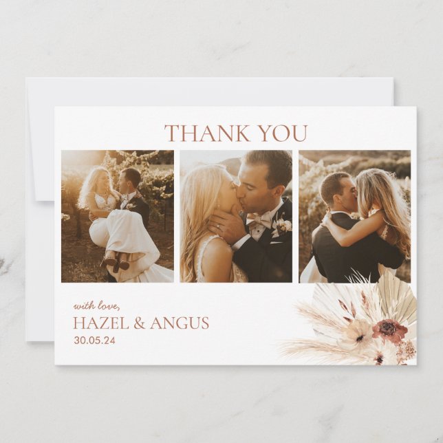 Boho Rust Terracotta Pampas Photo Wedding Flat  Thank You Card (Front)