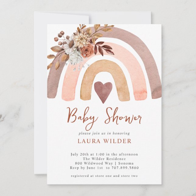 Boho Rust Terracotta Watercolor Rainbow Invitation (Front)