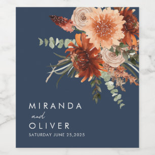 Boho Rust Watercolor Floral Navy Blue Wedding Wine Label