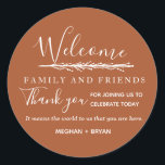 Boho Rust Welcome to Our Wedding Classic Round Sticker<br><div class="desc">Boho rust stickers are a great way to welcome your guests and to thank them for coming to your wedding celebration. They read: Welcome family and friends. Thank you for joining us to celebrate today. It means the world to us that you are here. Customise with your names. Contact me...</div>