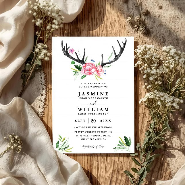 Boho Rustic Antlers Elegant Chic QR Code Wedding Invitation (Creator Uploaded)