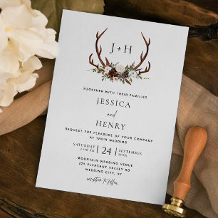Boho Rustic Antlers Monogram Wedding Invitation