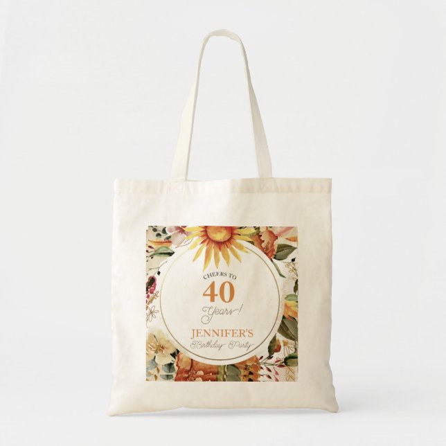 Boho Rustic Autumn Sunflower 40th Birthday Party  Tote Bag (Front)