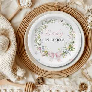 Boho Rustic Baby in Bloom Pink Bow Baby Shower Paper Plate