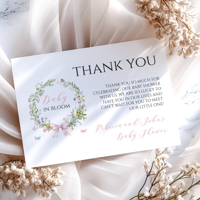 Boho Rustic Baby in Bloom Pink Bow Baby Shower Thank You Card (Creator Uploaded)
