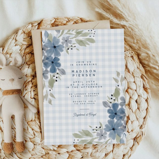 Boho Rustic Blue Floral Plaid Boy Baby Shower Invitation (Creator Uploaded)