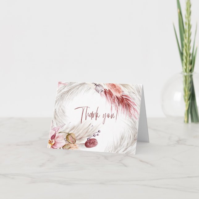 Boho Rustic Burgundy Blush Pink Ivory Pampas Grass Thank You Card (Front)