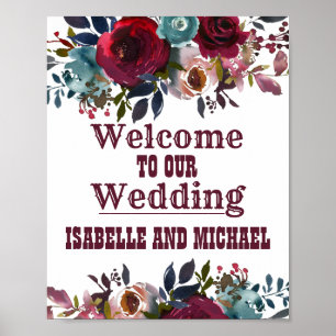 Boho Rustic Burgundy Floral Wedding Welcome Sign