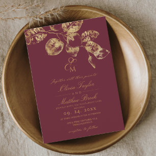 Boho Rustic Burgundy & Gold Wedding Invite