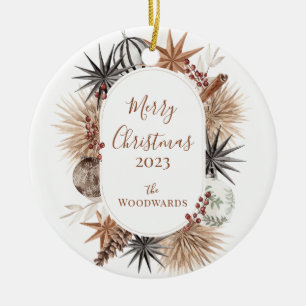 Boho Rustic Christmas Watercolor Personalised Ceramic Tree Decoration