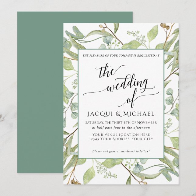 BOHO Rustic Eucalyptus Foliage Watercolor Wedding Invitation (Front/Back)