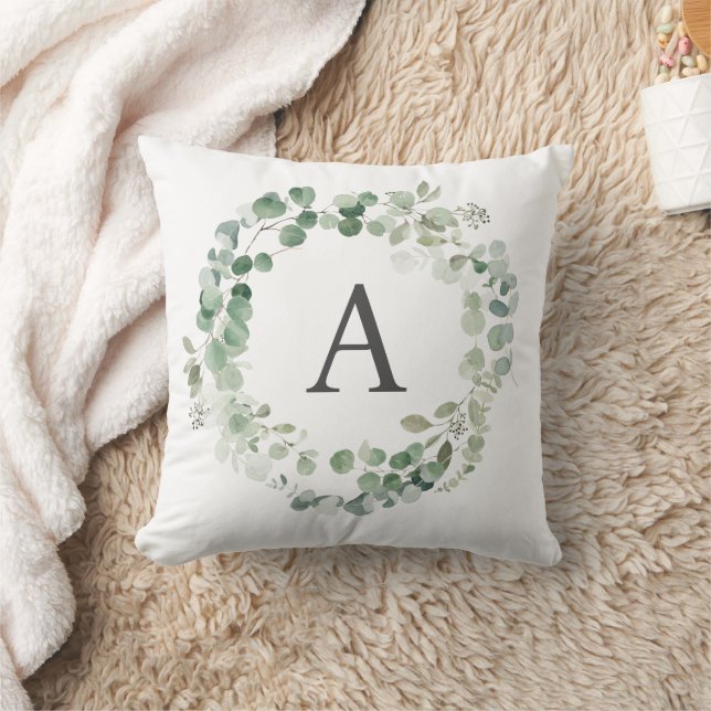 Boho Rustic Eucalyptus Wreath Monogram  Cushion (Blanket)