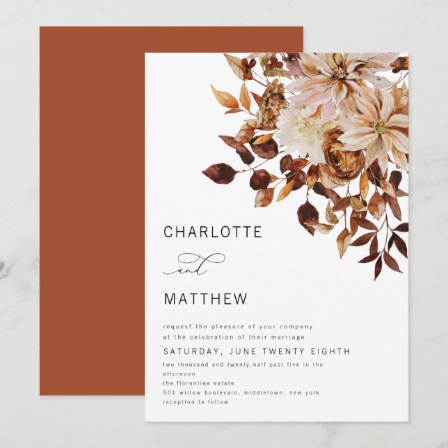 Boho Rustic Fall Autumn Leaves Floral  Wedding Invitation (Front/Back)
