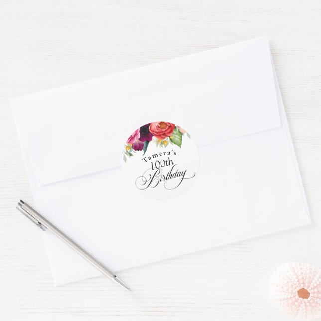 Boho Rustic Fall Floral 100th Birthday Party Classic Round Sticker (Envelope)