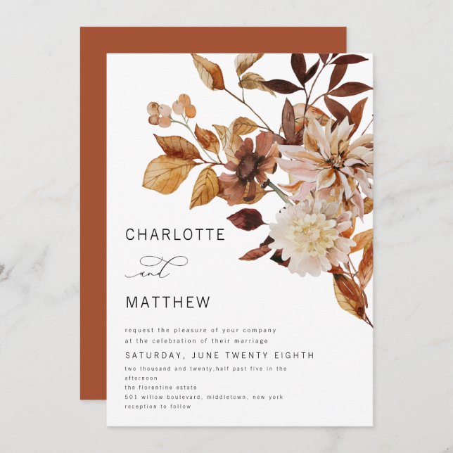 Boho Rustic Fall Floral Burnt Orange Wedding Invitation (Front/Back)
