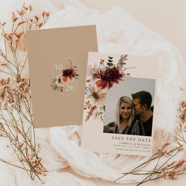 Boho Rustic Fall Floral Photo Save the Date Invitation (Burgundy Floral Save The Date Photo Card)