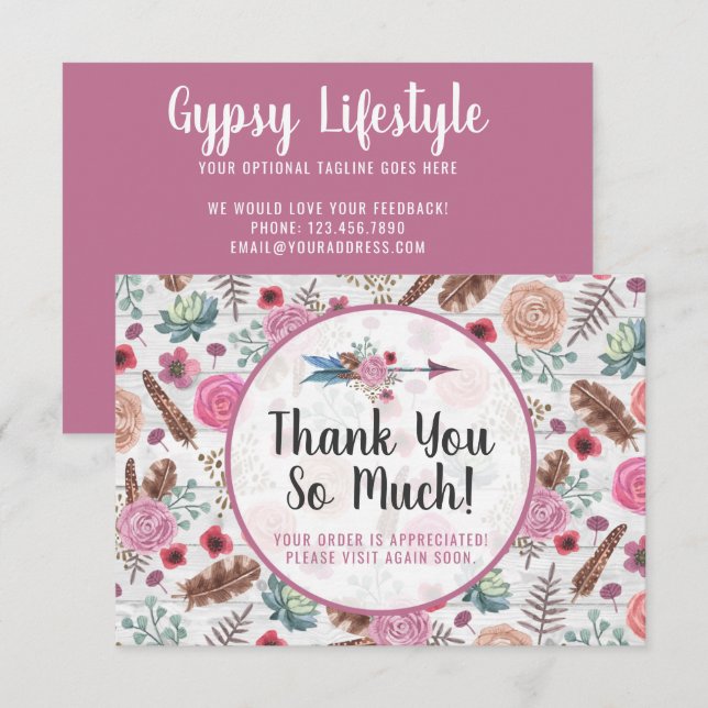 Boho Rustic Feather Arrow Floral Thank You Card (Front/Back)