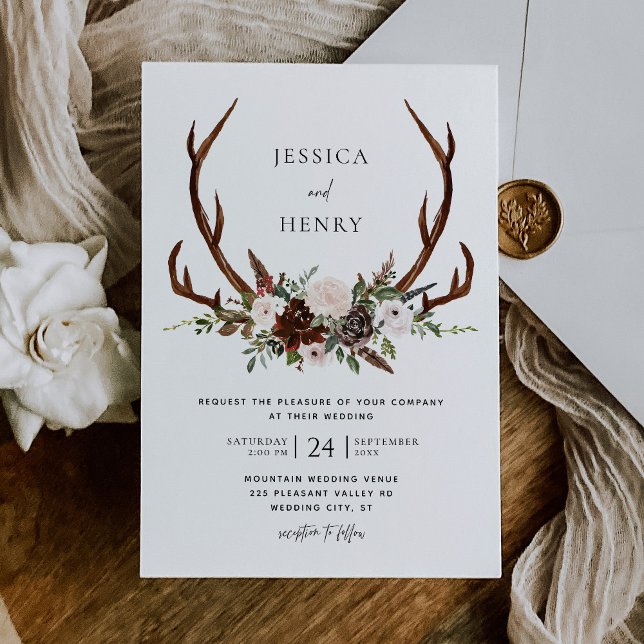 Boho Rustic Floral Antlers Wedding Invitation (Creator Uploaded)