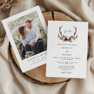 Boho Rustic Floral Antlers Wedding Photo Invitation