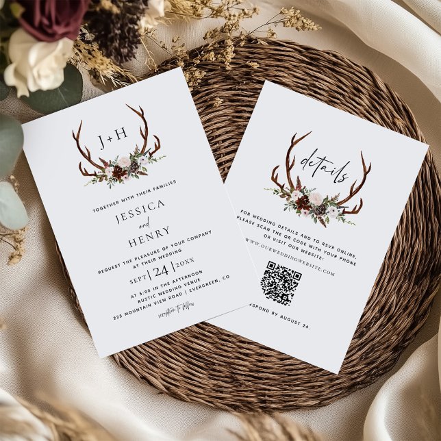 Boho Rustic Floral Antlers Wedding QR Code Invitation (Creator Uploaded)