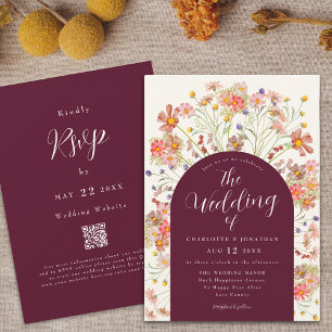 Boho Rustic Floral Arch Burgundy Wedding Invitation