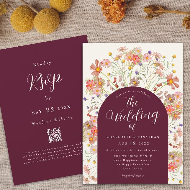 Boho Rustic Floral Arch Burgundy Wedding Invitation (Boho fall rustic wildflower floral arch burgundy ivory cream wedding qr code invitation Watercolor)