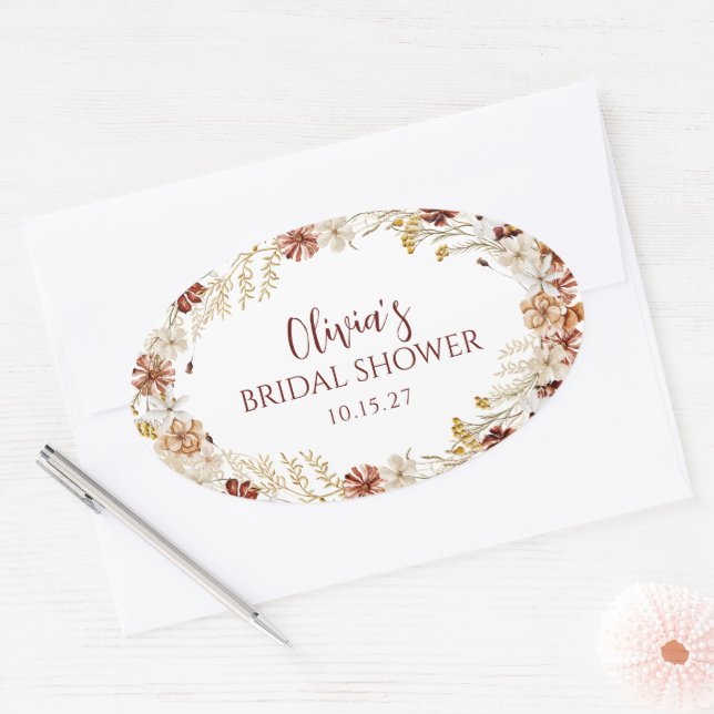 Boho Rustic Floral Burgundy Bridal Shower Custom Oval Sticker (Envelope)
