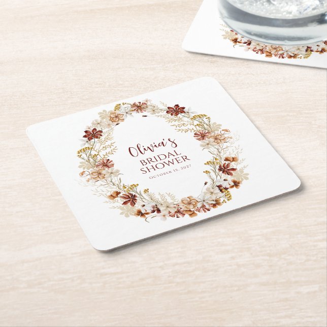 Boho Rustic Floral Burgundy Bridal Shower Custom Square Paper Coaster (Angled)