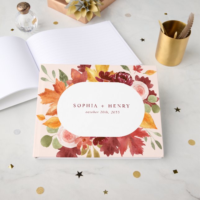 Boho Rustic Floral Burgundy Fall Wedding Guest Book (Front Open)