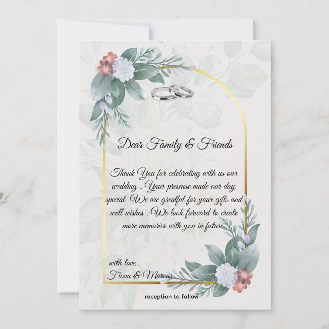 Boho Rustic Floral & Elegant Wedding  Thank You Card (Front)