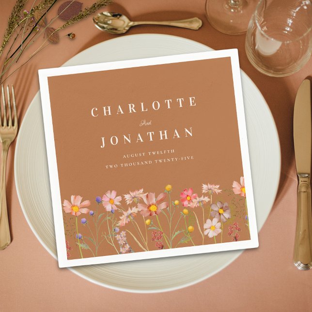Boho Rustic Floral Fall Terracotta Wedding Napkin (Terracotta burnt orange Boho rustic floral custom fall Wedding napkins)