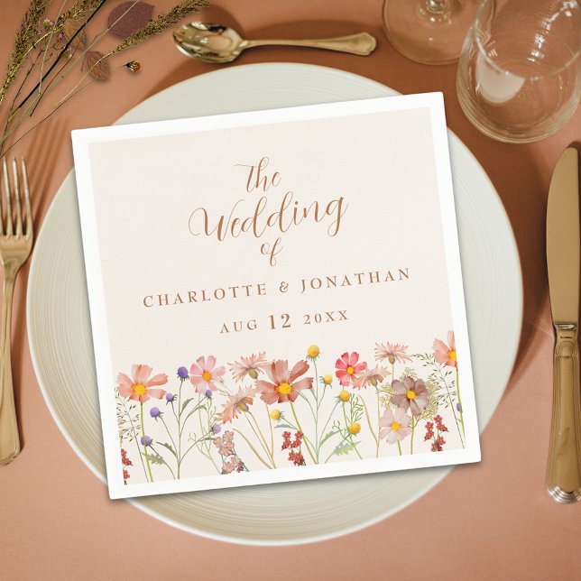 Boho Rustic Floral Fall Wedding Napkin (Elegant Boho rustic floral fall custom wedding napkins watercolor wildflowers modern script beige )