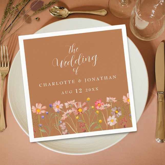 Boho Rustic Floral Fall Wedding Napkin (Elegant terracotta burnt orange Boho rustic floral fall custom wedding napkin watercolor wildflowers)
