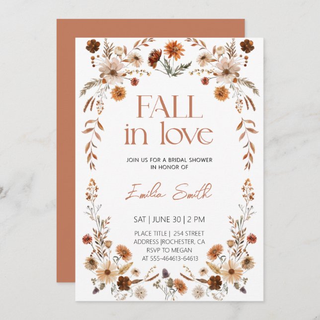 Boho Rustic Floral Flowers Autumn Bridal Shower Invitation (Front/Back)