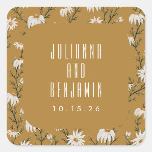 Boho Rustic Floral Mustard Yellow Wedding Custom Square Sticker