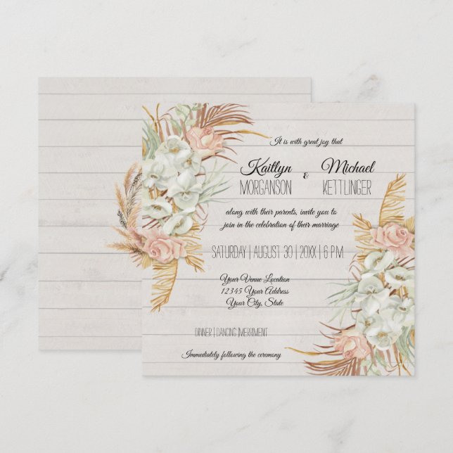 BOHO Rustic Floral Pampas Palm Foliage Wedding Invitation (Front/Back)
