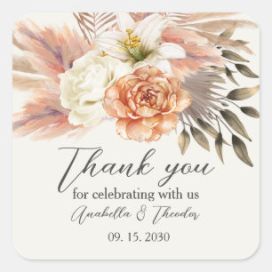 Boho Rustic Floral Peach Wedding Thank You Square Sticker