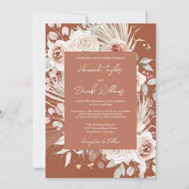 Boho Rustic Floral Terracotta Wedding Invitation (Front)