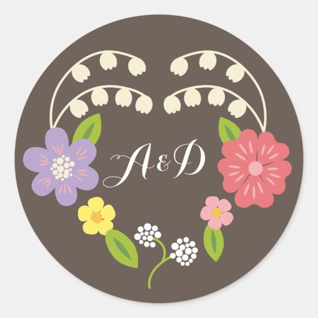 Boho Rustic Floral Wreath Wedding Classic Round Sticker (Front)
