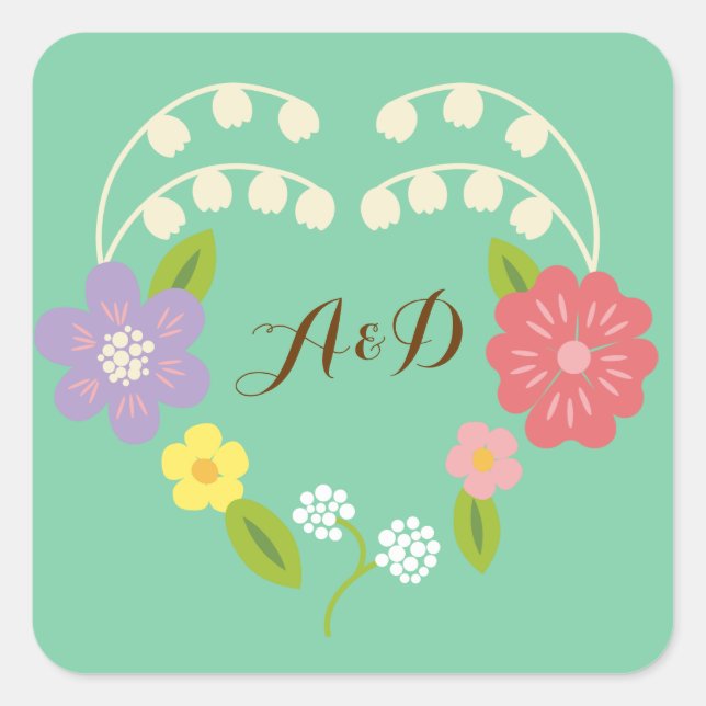 Boho Rustic Floral Wreath Wedding (Mint) Square Sticker (Front)