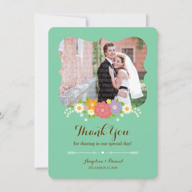 Boho Rustic Floral Wreath Wedding (Mint) Thank You Card (Front)