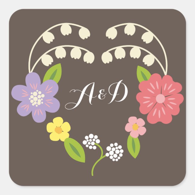 Boho Rustic Floral Wreath Wedding Square Sticker (Front)